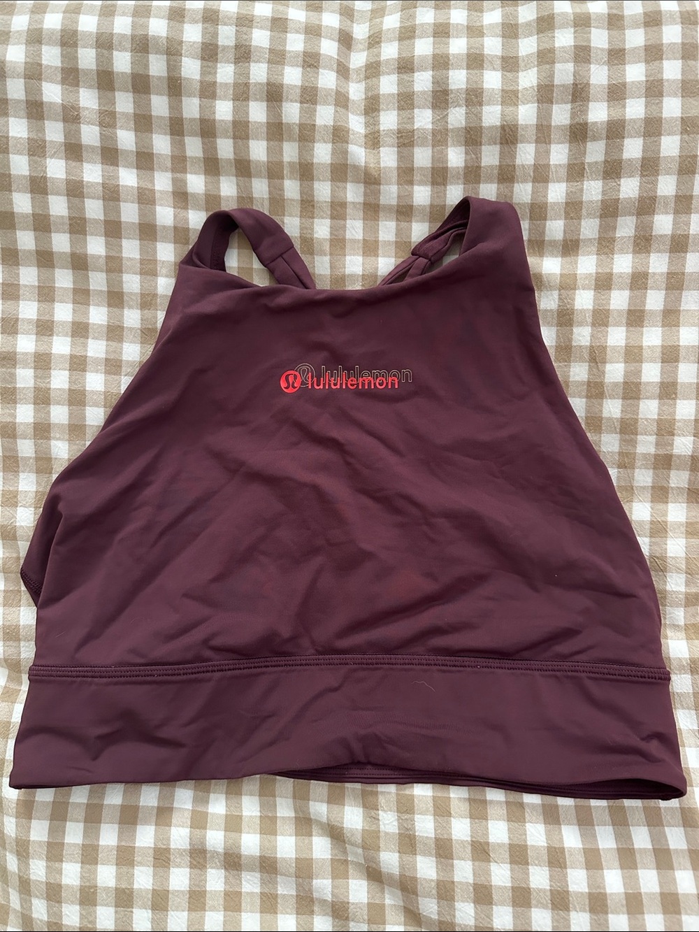 lululemon athletica High-Neck Sports Bra in Plum with Red Logo
